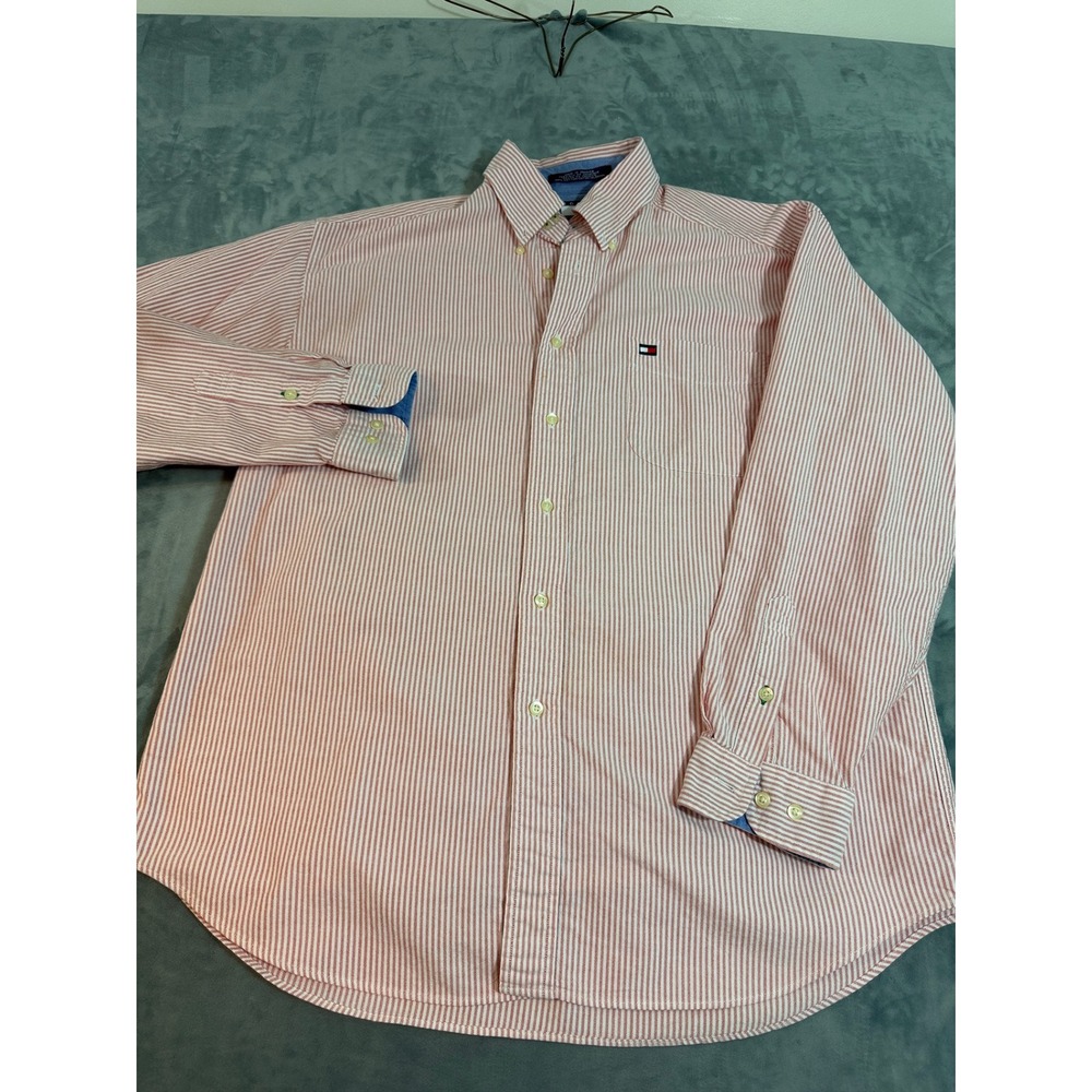 Tommy Hilfiger Mens Red White Striped Oxford Button Down Shirt Large L LS